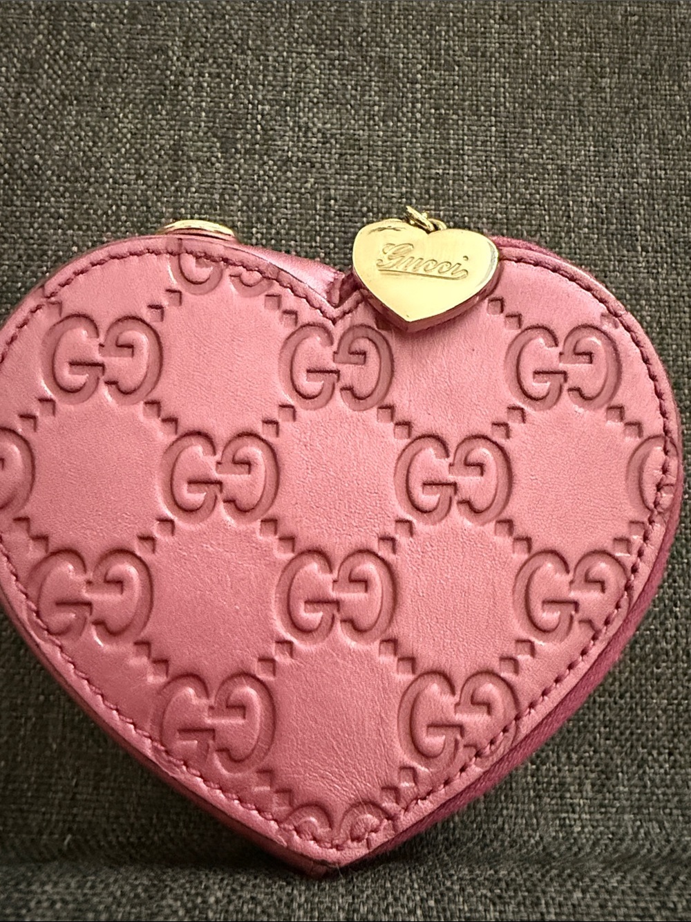Gucci Pink Heart-Shaped Embossed Leather Coin Pouch with Gold Heart Charm